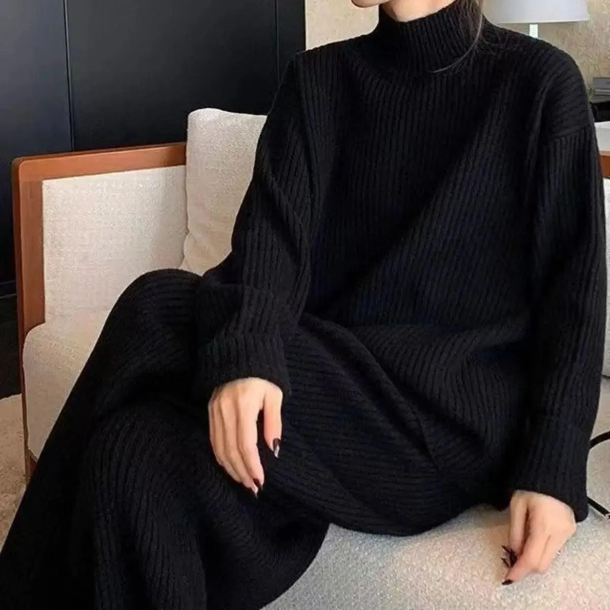 MS018 2 Piece Outfits Casual Loose Turtleneck Long Sleeve Knit Top and Wide Leg Pants