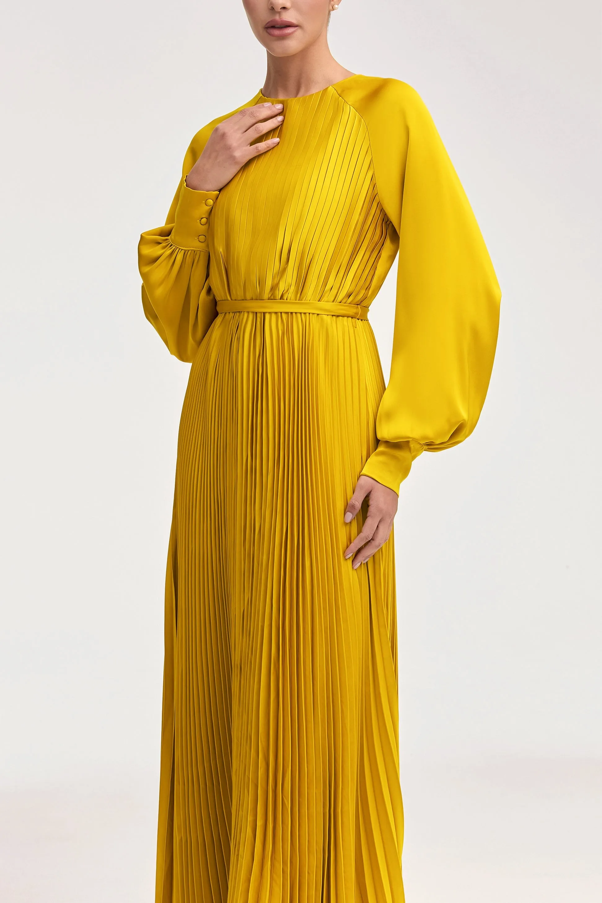 Nadira Satin Pleated Maxi Dress - Honey