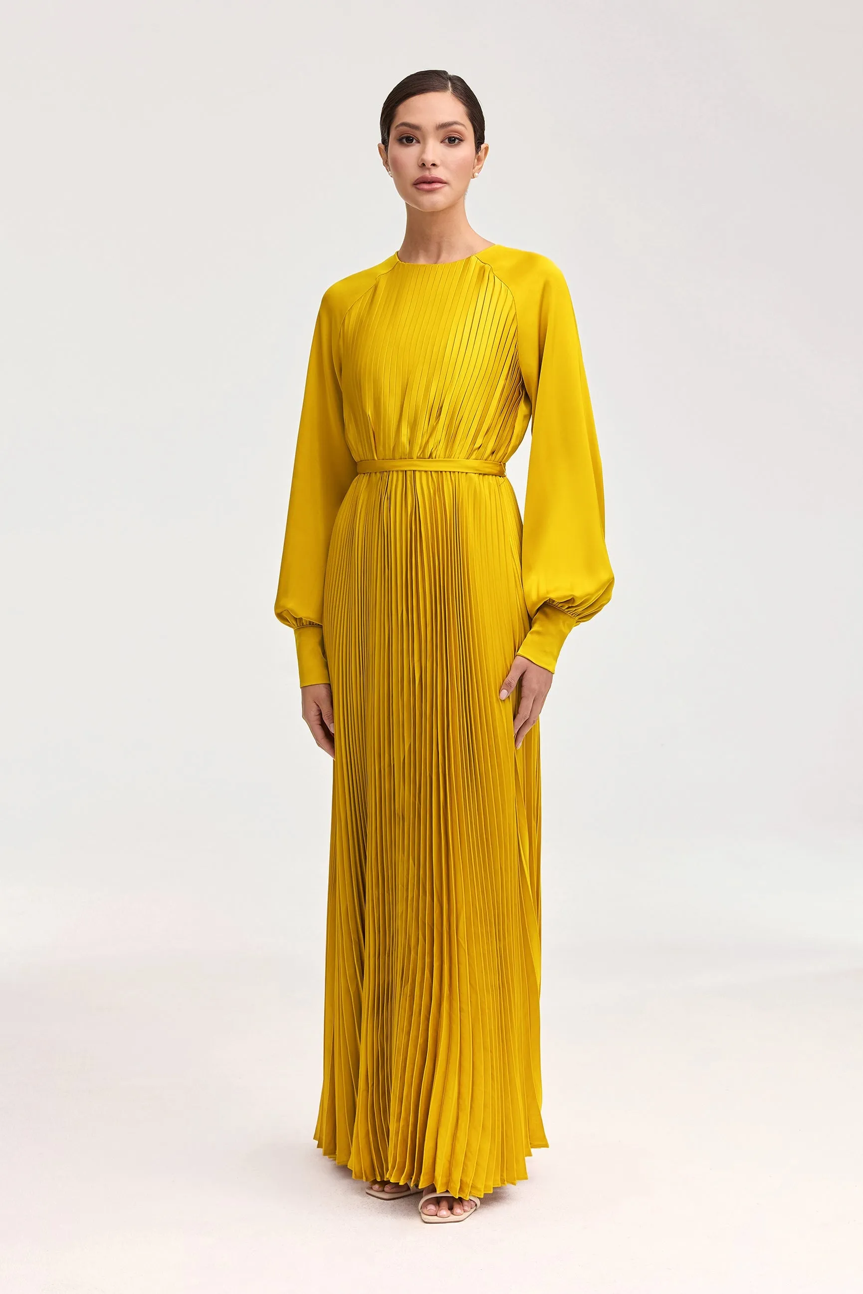 Nadira Satin Pleated Maxi Dress - Honey