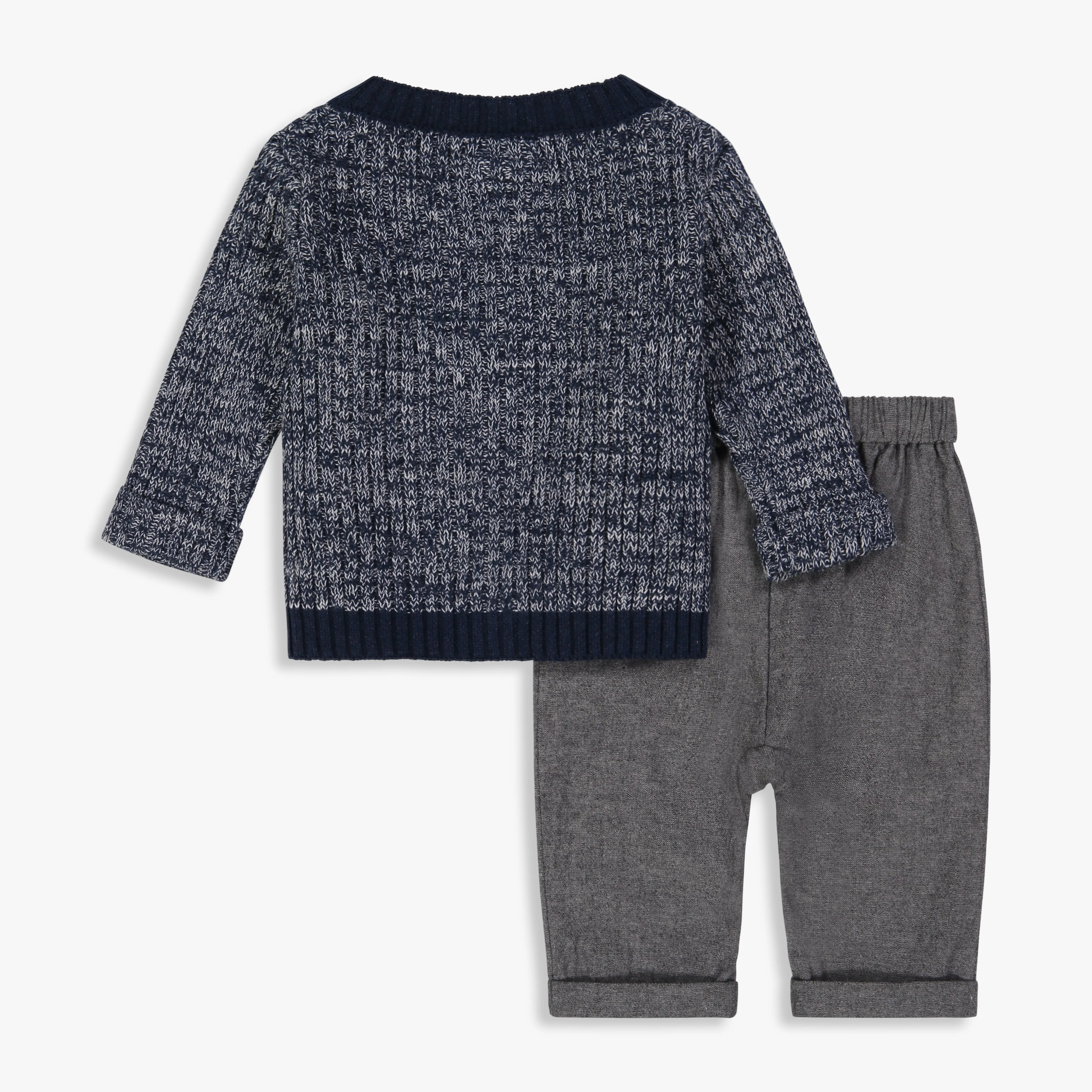 Navy Sweater Cardigan, Tee & Grey  Woven Pant Set