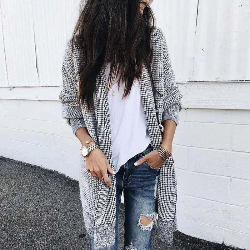 Oversized Black White Checkered Long Cardigan Sweater