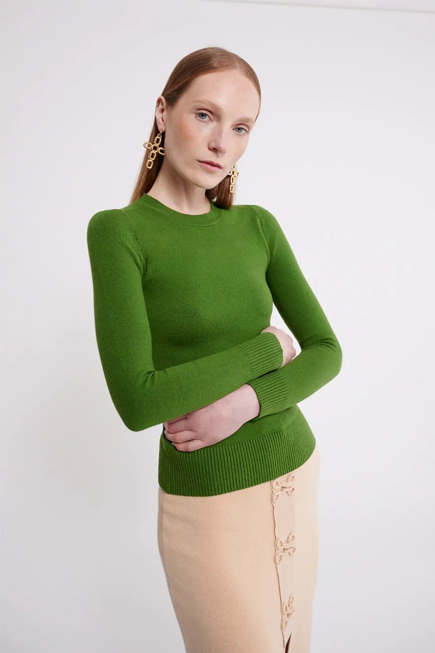 Palm Green Peachskin Long Sleeve Crew Neck