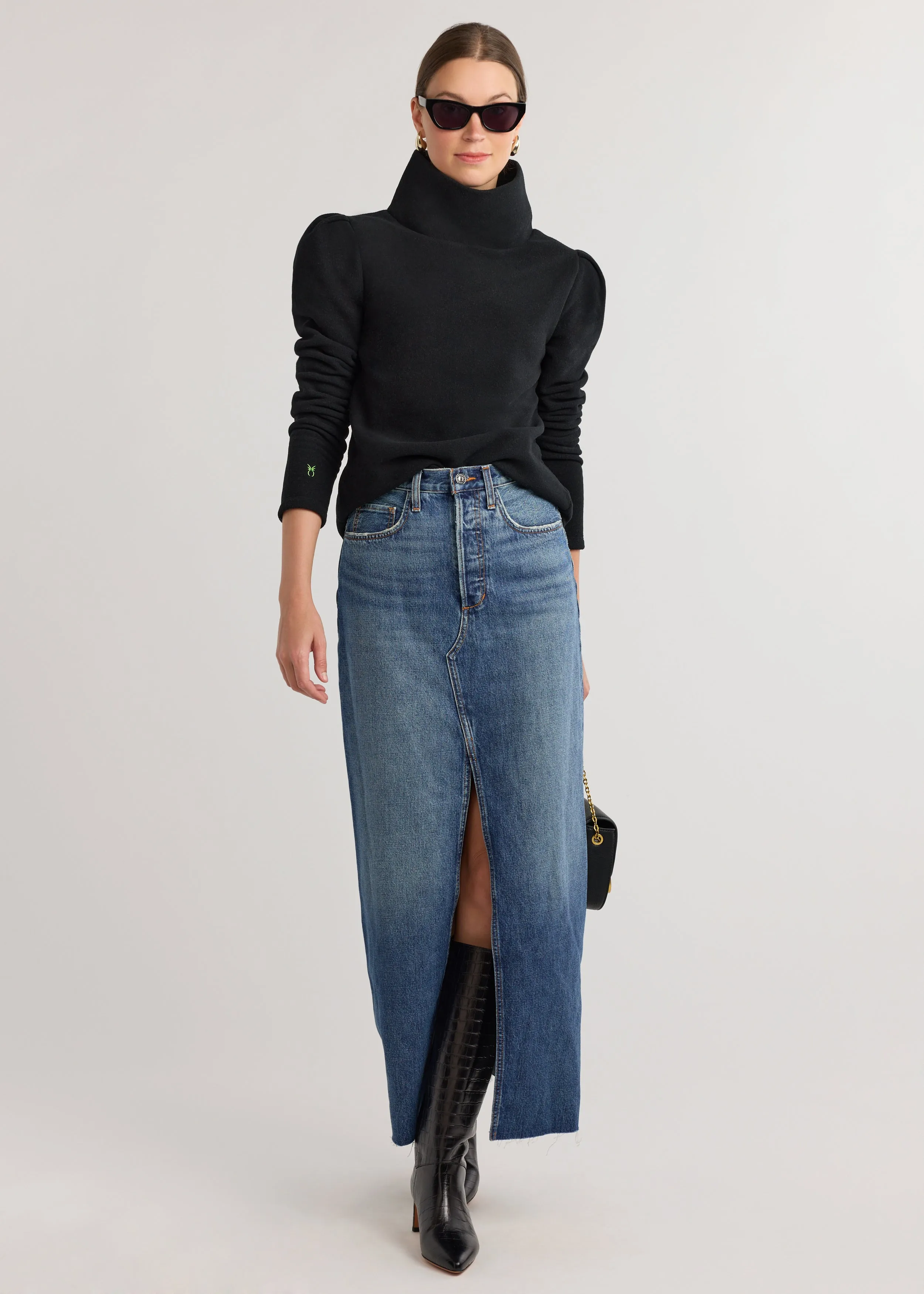 Palmer Puff Sleeve Turtleneck in Vello Fleece (Black)