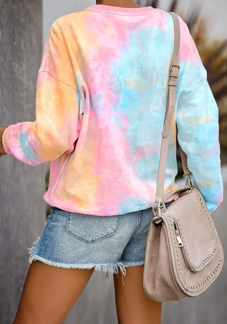 Pink and Yellow Tie-Dye Drop Shoulder Pullover Sweater