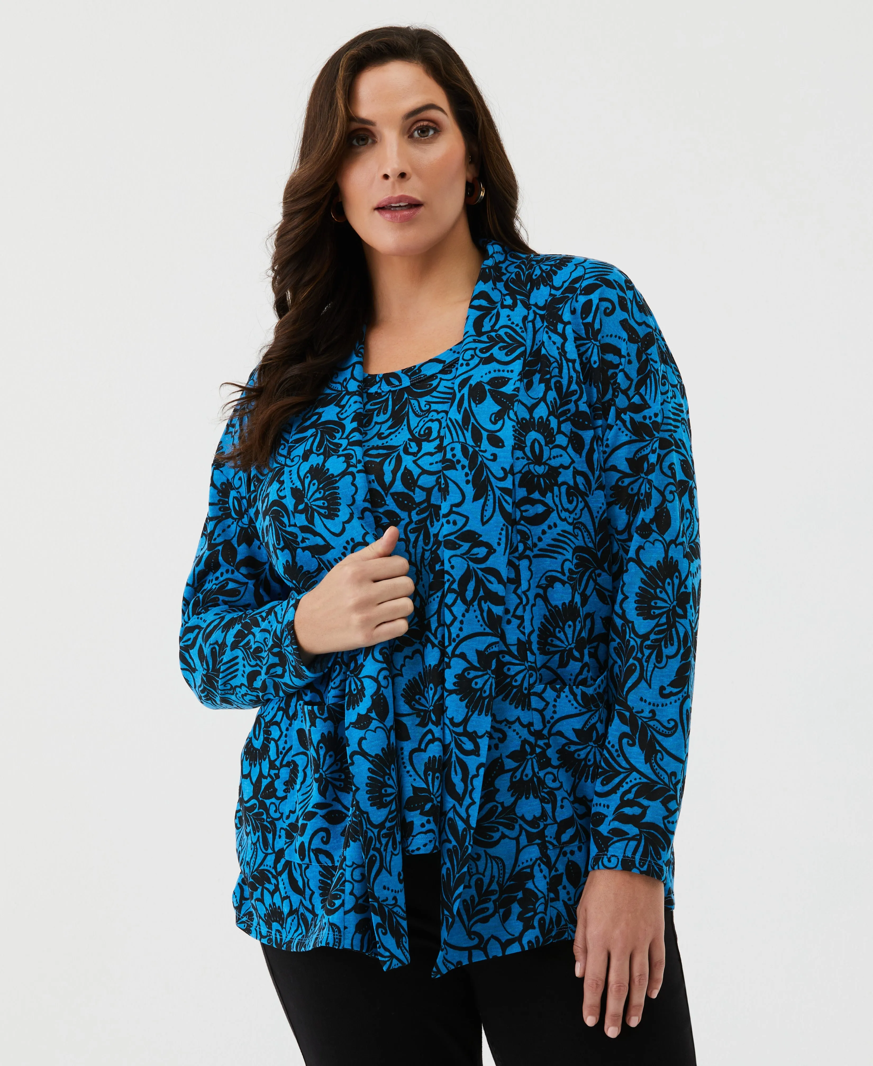 Plus Size Eco Floral Print Roll Collar Draped Cardigan