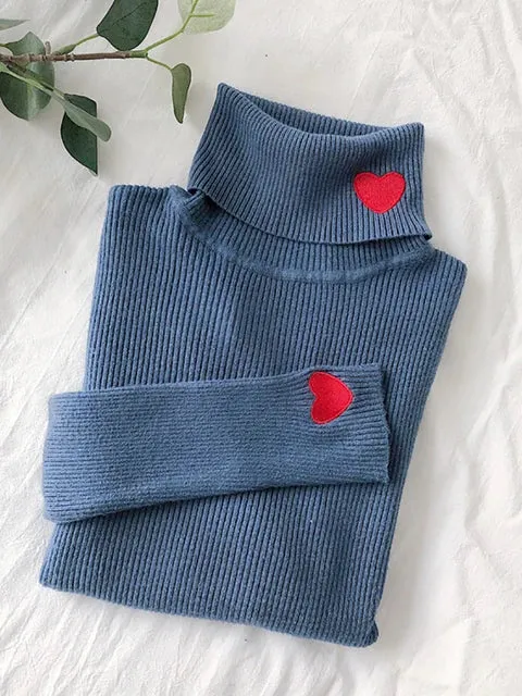 Pre Order:  Hearts Turtleneck Ribbed Knitted Sweater