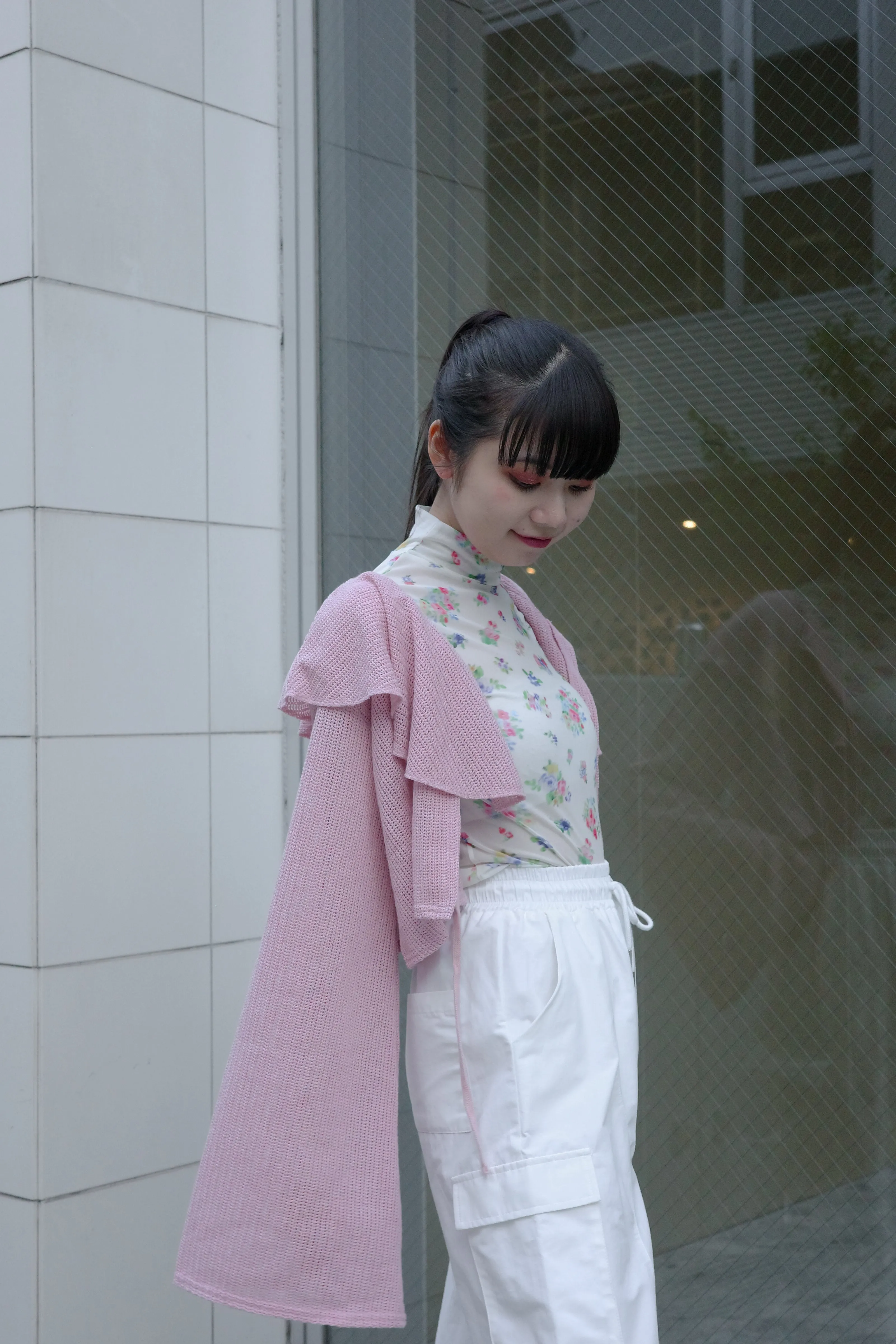 Raffle collar loose cardigan (Pink)