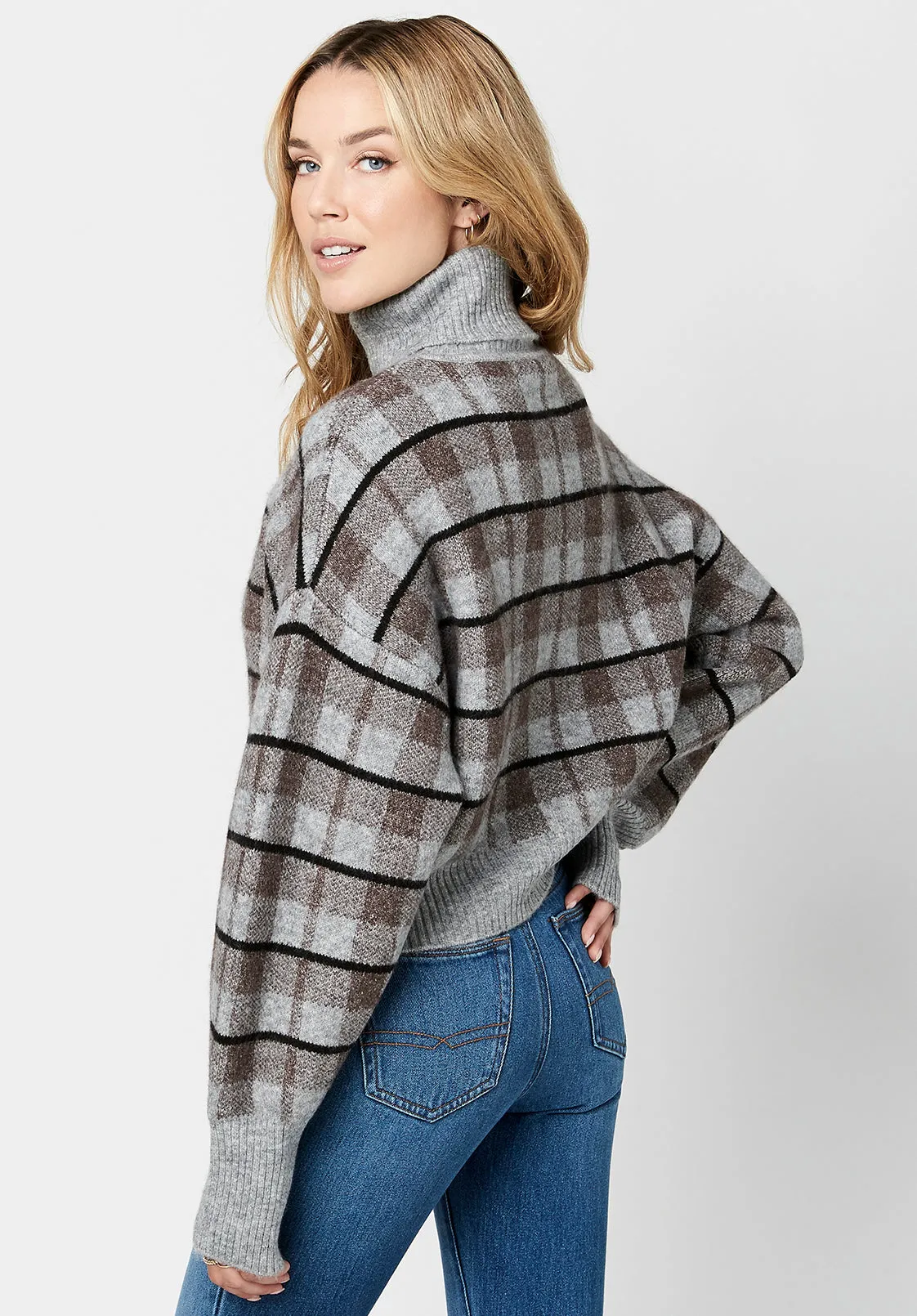 Remi Women's Sweater in Grey Windowpane Plaid - SW0557F