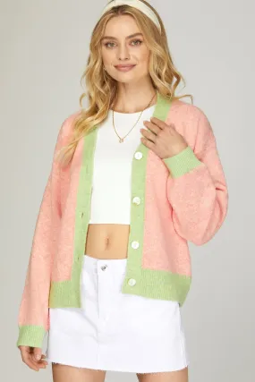 Sky Long Sleeve V Neck Color Contrast Cardigan