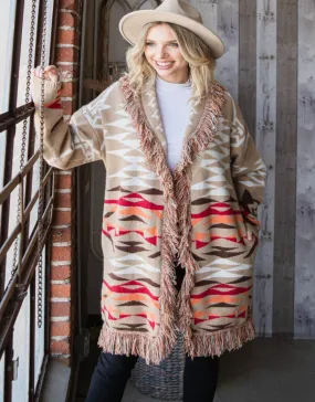 Soft Aztec knit cardigan with fringe detail