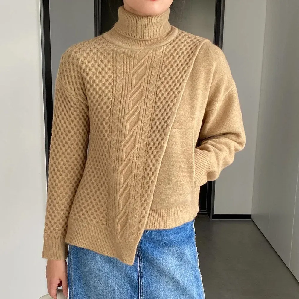 Solid Irregular Sweaters For Women Turtleneck Long Sleeve Patchwork Pockets Pullover Sweater Female Fashion Clothes