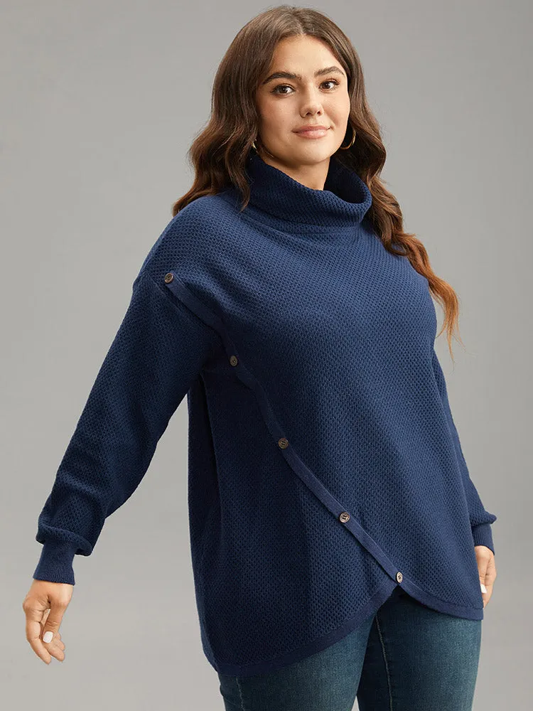 Solid Turtleneck Button Detail Asymmetrical Pullover