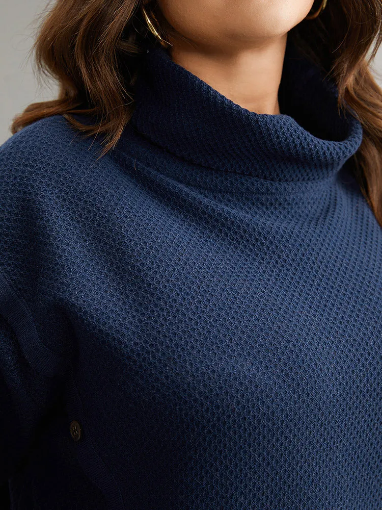 Solid Turtleneck Button Detail Asymmetrical Pullover