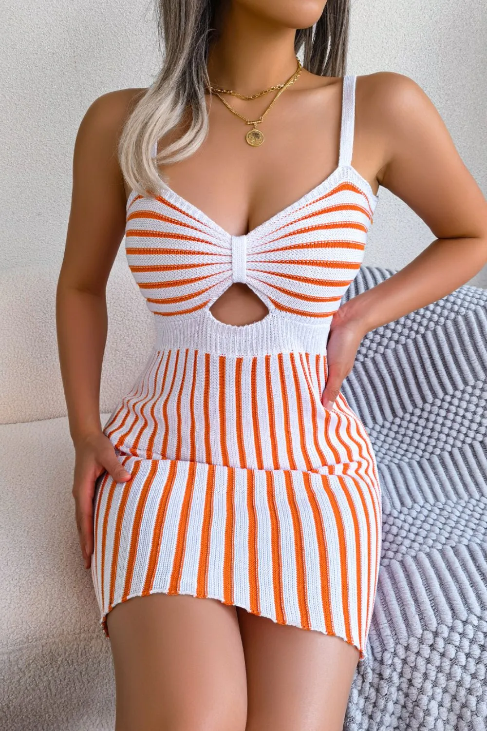 Striped Cutout Spaghetti Strap Knit Dress