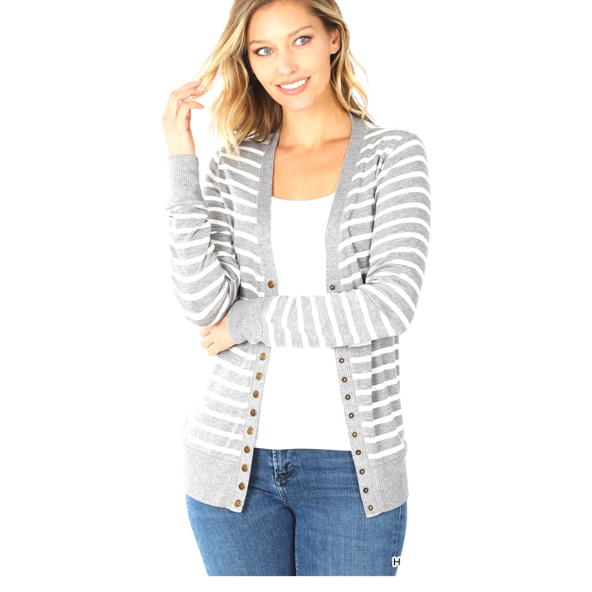 Striped Grey Sweater Snap Button Cardigan