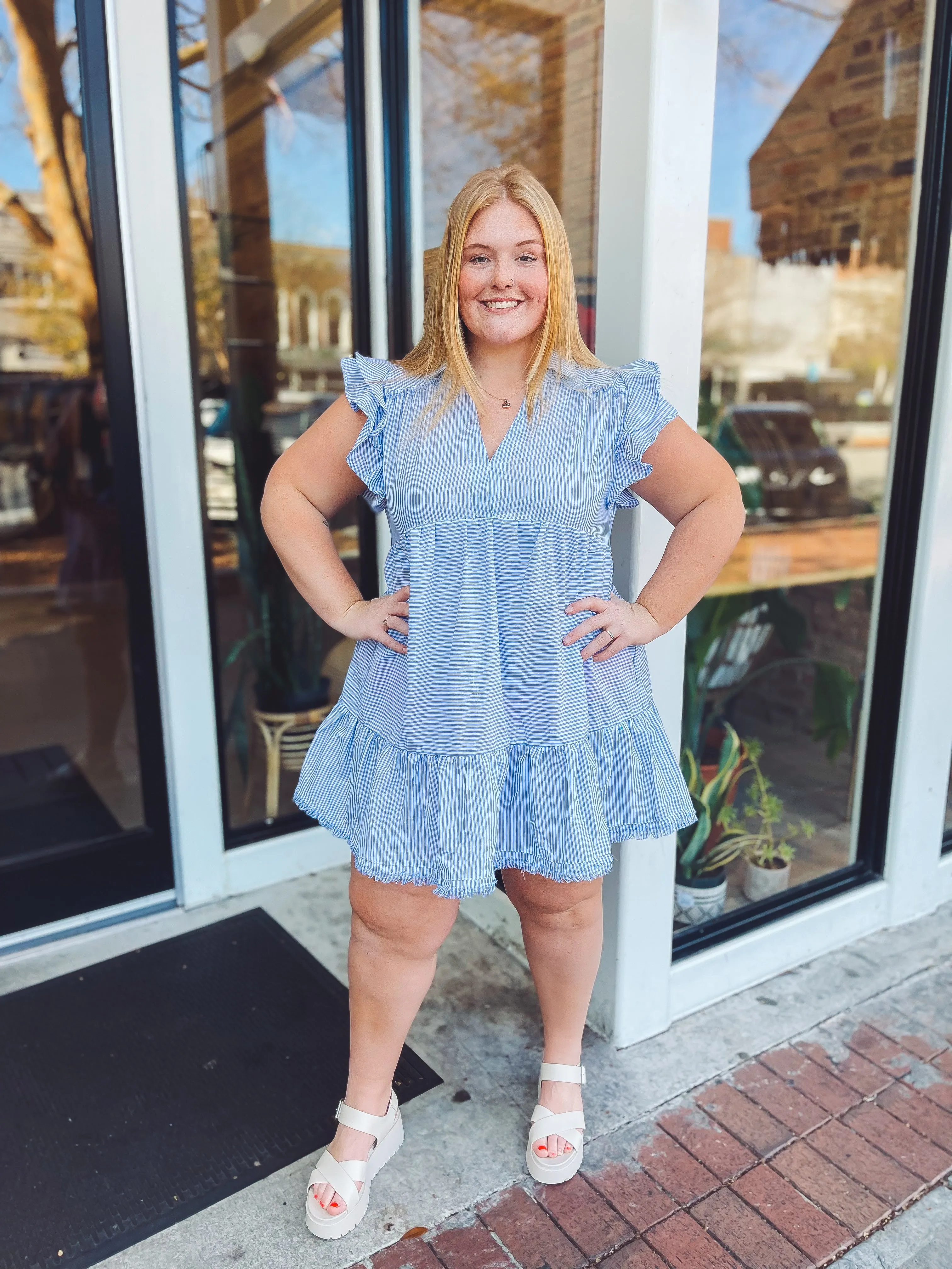 Striped in blue dress