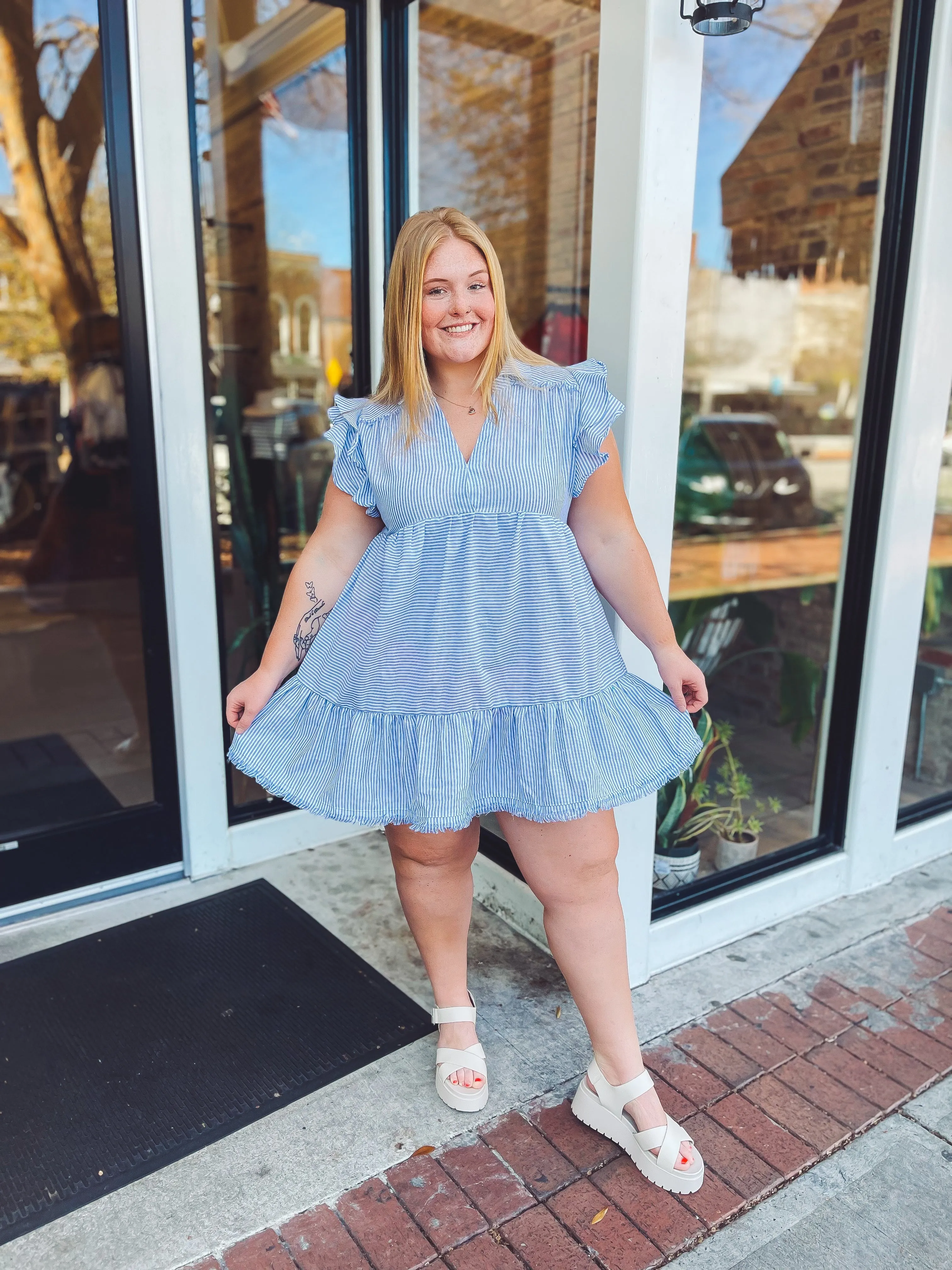 Striped in blue dress