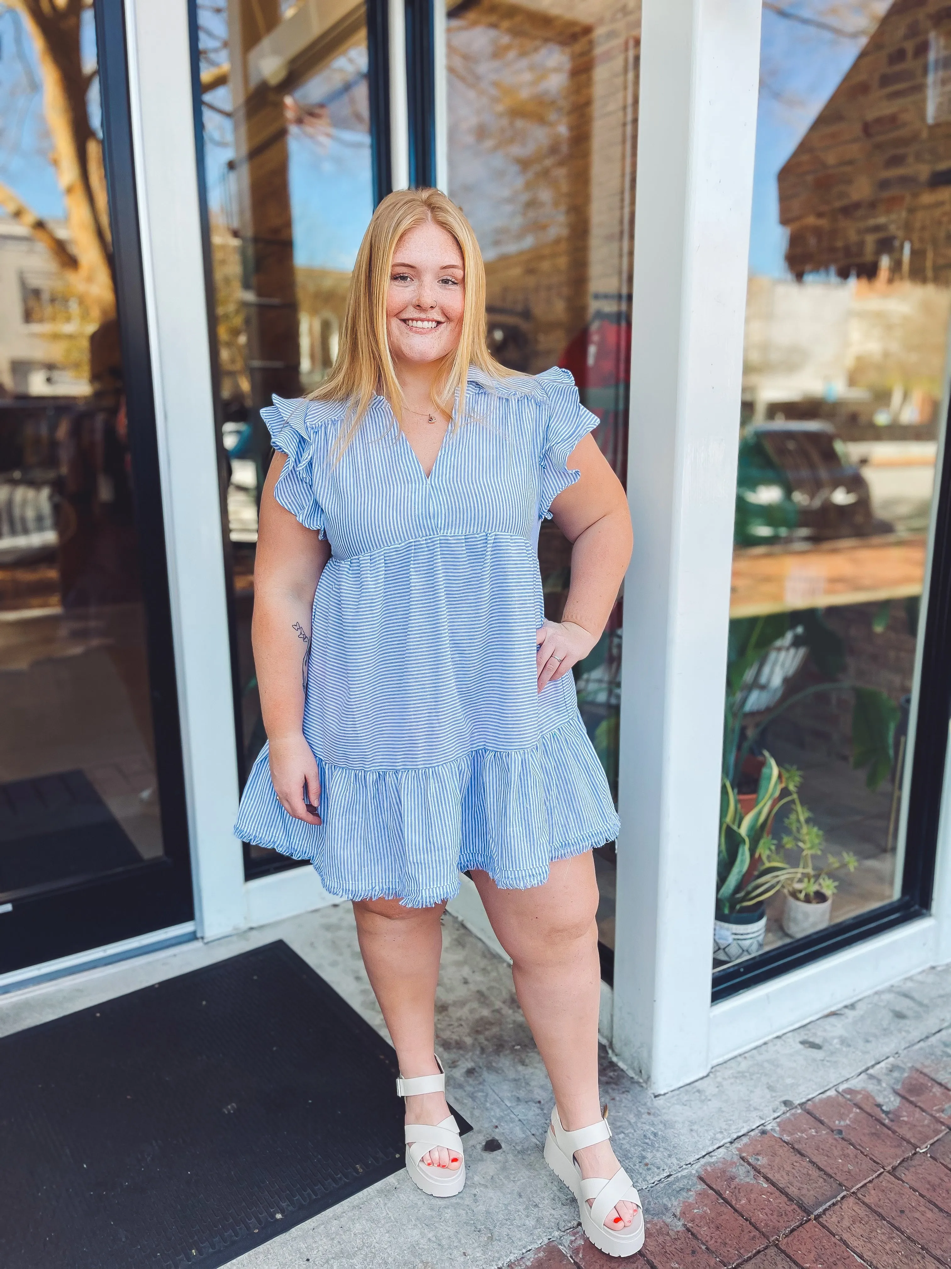 Striped in blue dress