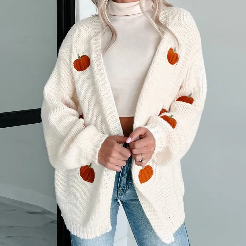 Toleet-Pumpkin Embroidery Long Sleeve Loose Sweater Coat Women's Open Front Knitted Cardigan for Spring Fall Oversized Knitwear Outwear