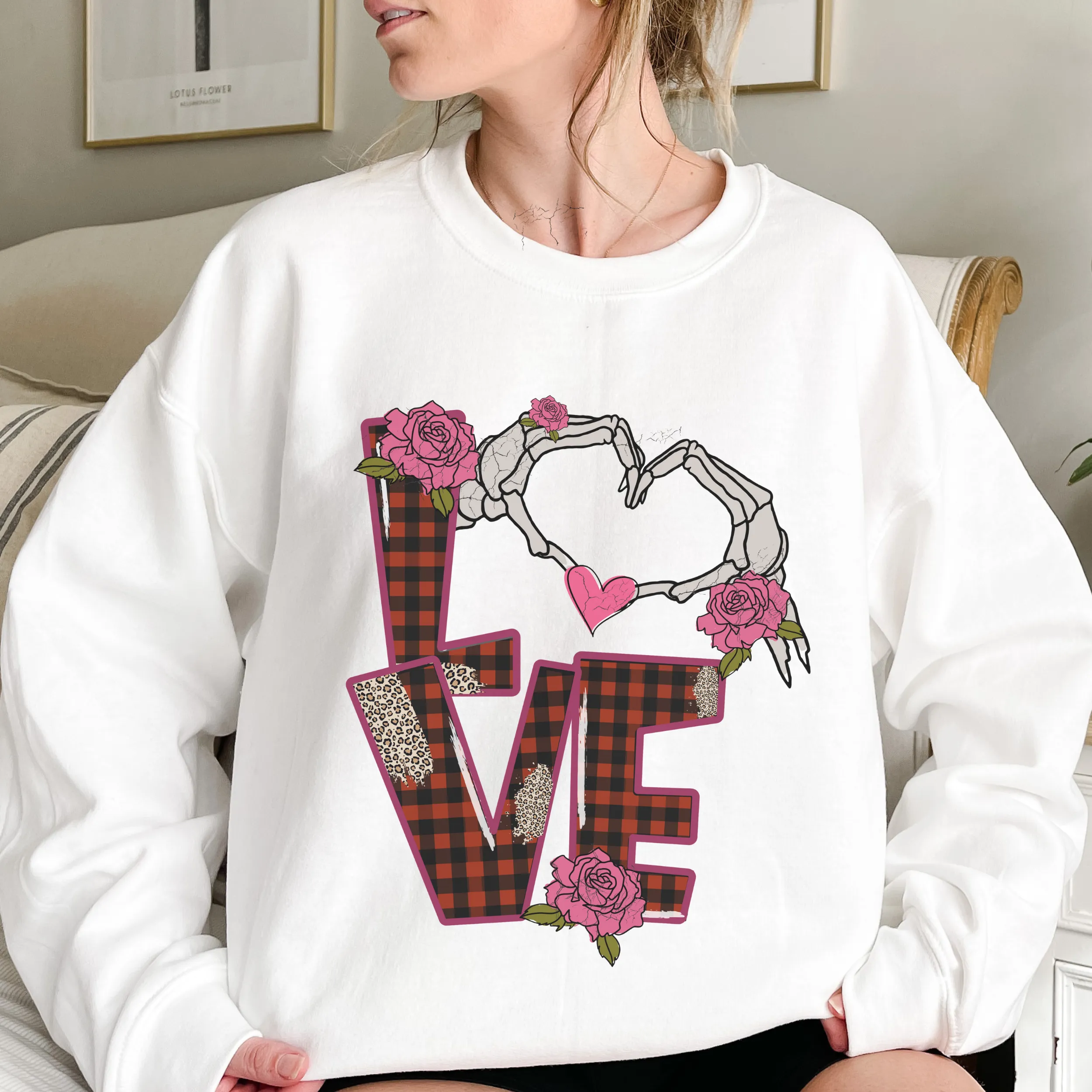 Valentine's Pullover Sweatshirt, Love Crewneck Pullover, Ash Sand White or Pink Shirt, Skeleton Love, Gift for Her, Valentine's Day Gift