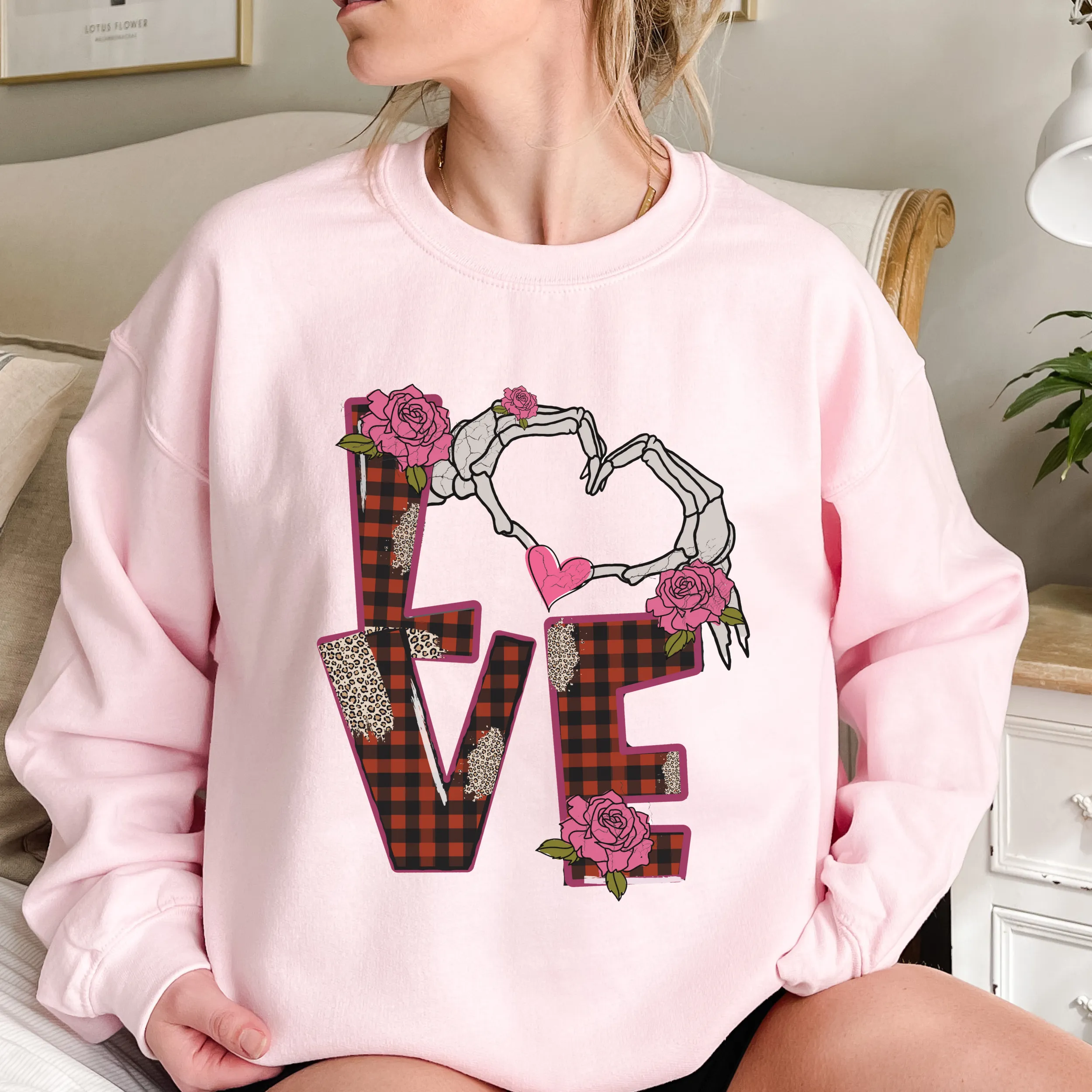 Valentine's Pullover Sweatshirt, Love Crewneck Pullover, Ash Sand White or Pink Shirt, Skeleton Love, Gift for Her, Valentine's Day Gift