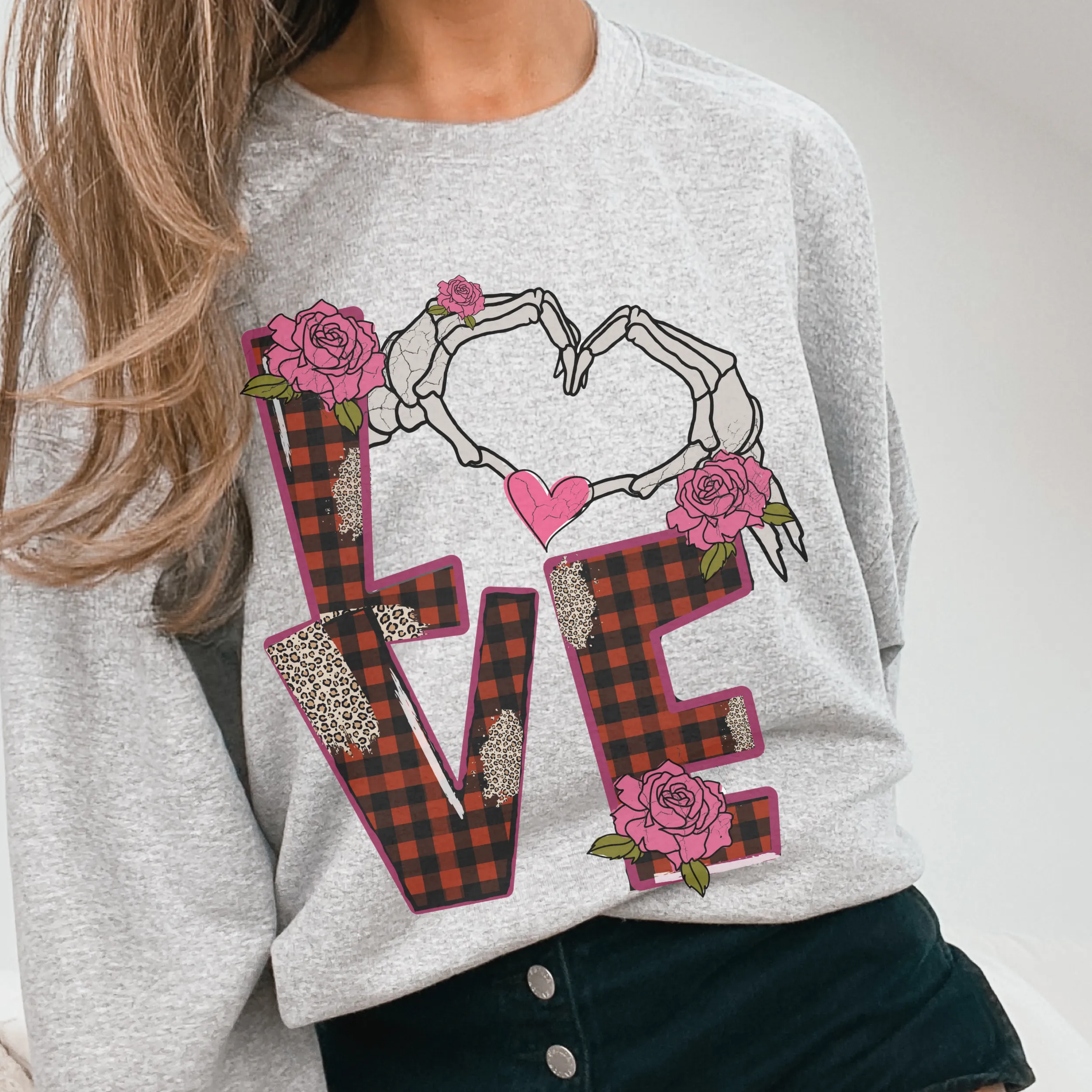 Valentine's Pullover Sweatshirt, Love Crewneck Pullover, Ash Sand White or Pink Shirt, Skeleton Love, Gift for Her, Valentine's Day Gift