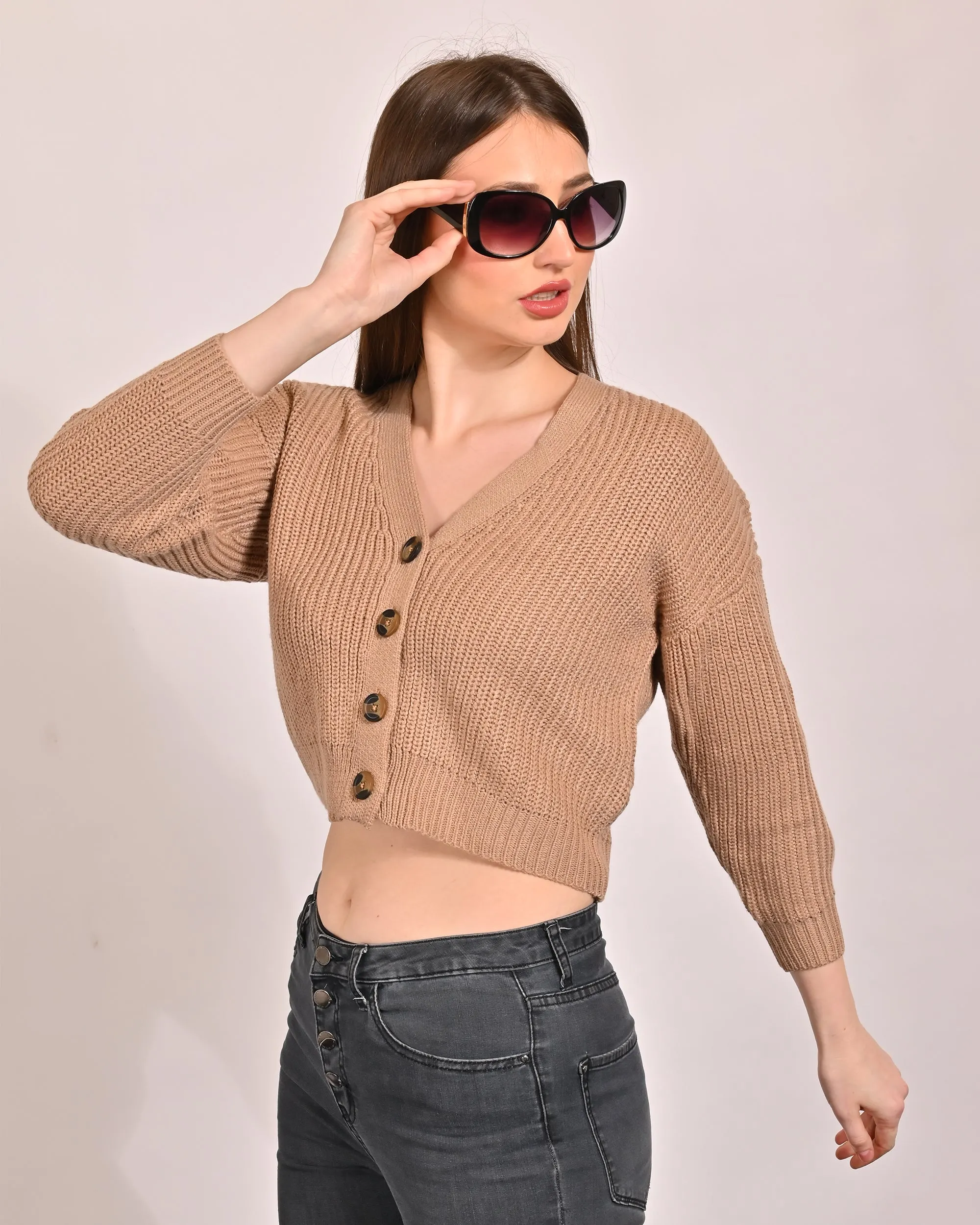 Women Beige Short Cardigan