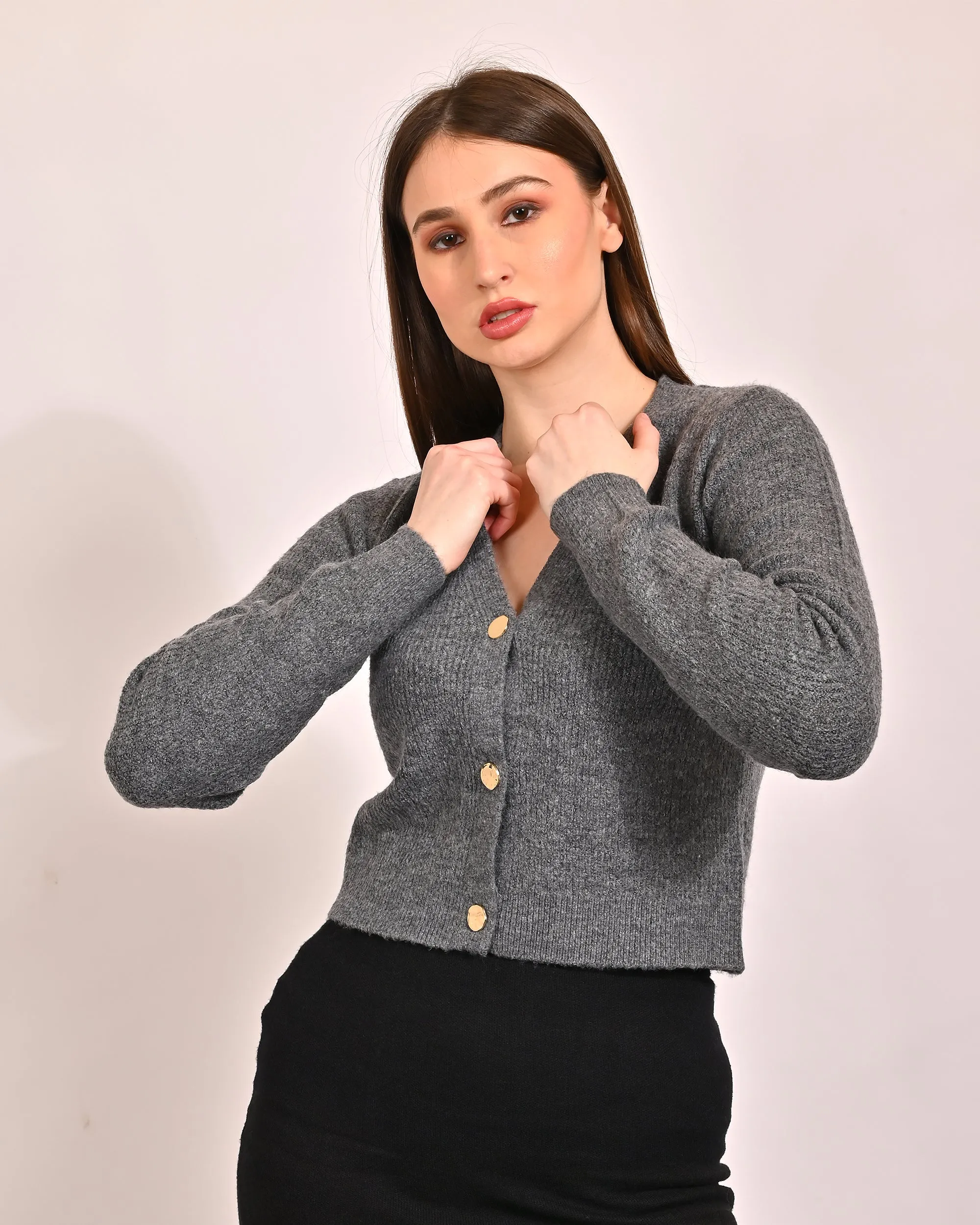 Women Grey V Neck Cardigan