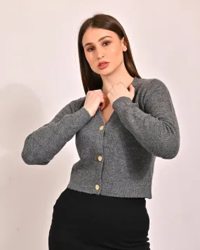 Women Grey V Neck Cardigan