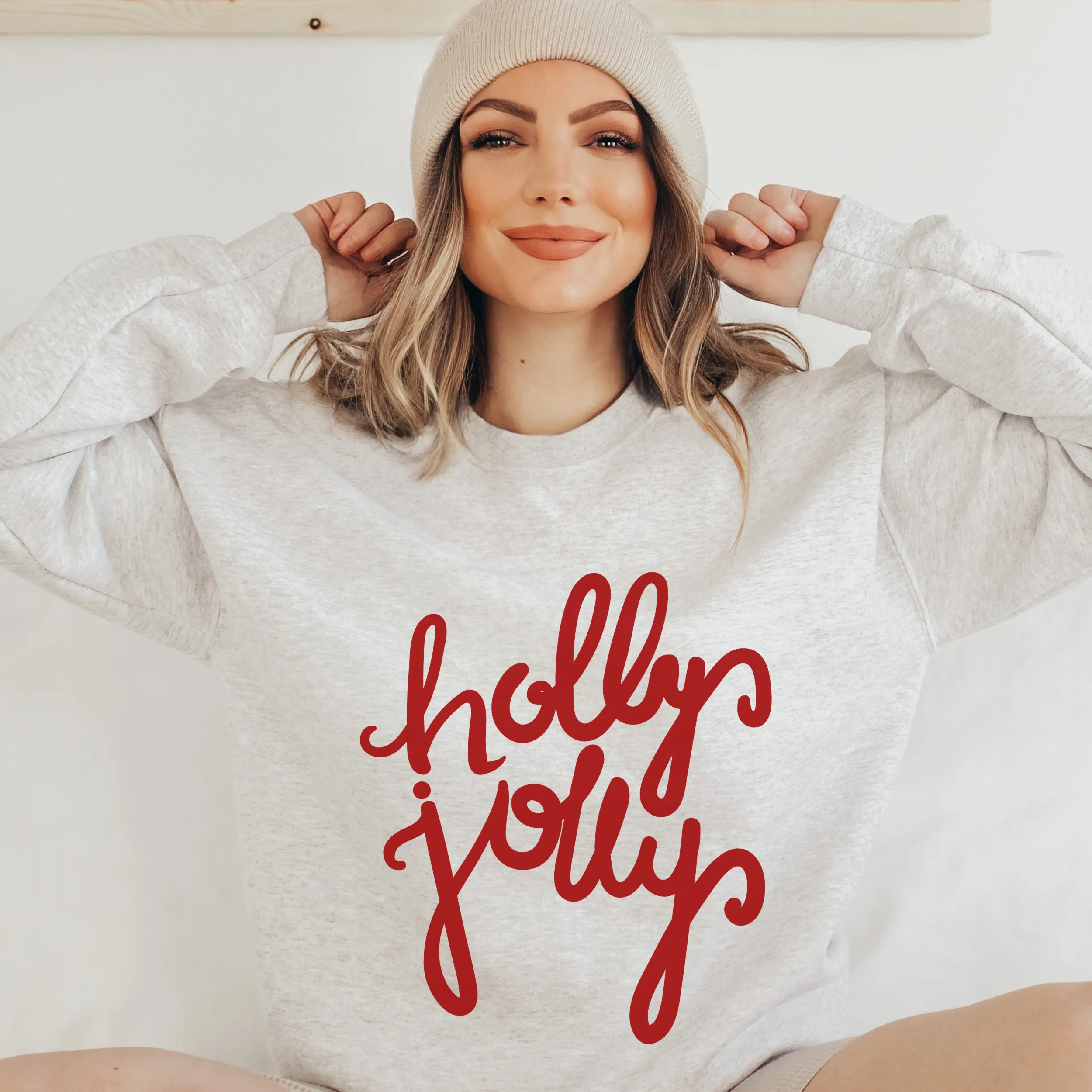 Women's Christmas Holly Jolly Sweatshirt, Ash, White, Sand, Pink, Green Christmas Pullover