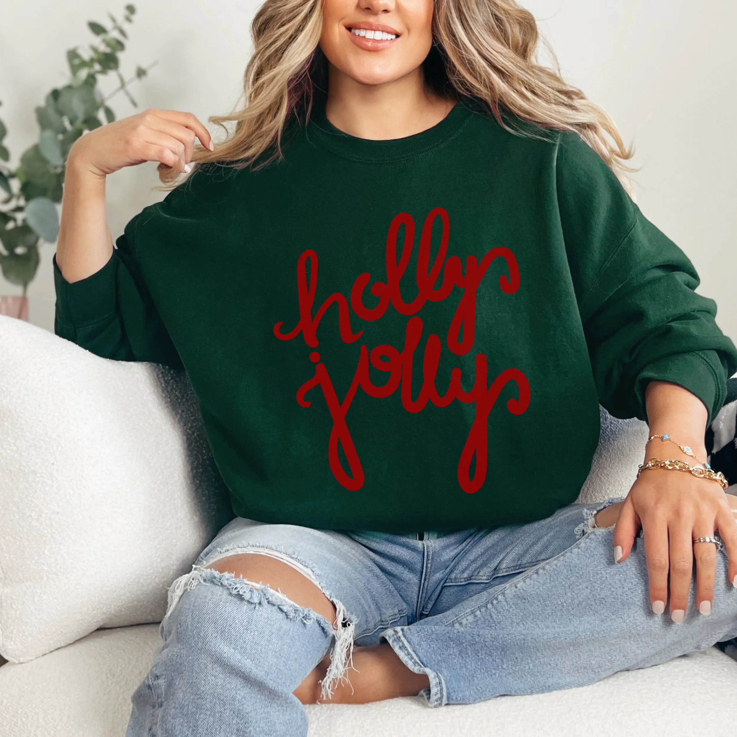 Women's Christmas Holly Jolly Sweatshirt, Ash, White, Sand, Pink, Green Christmas Pullover