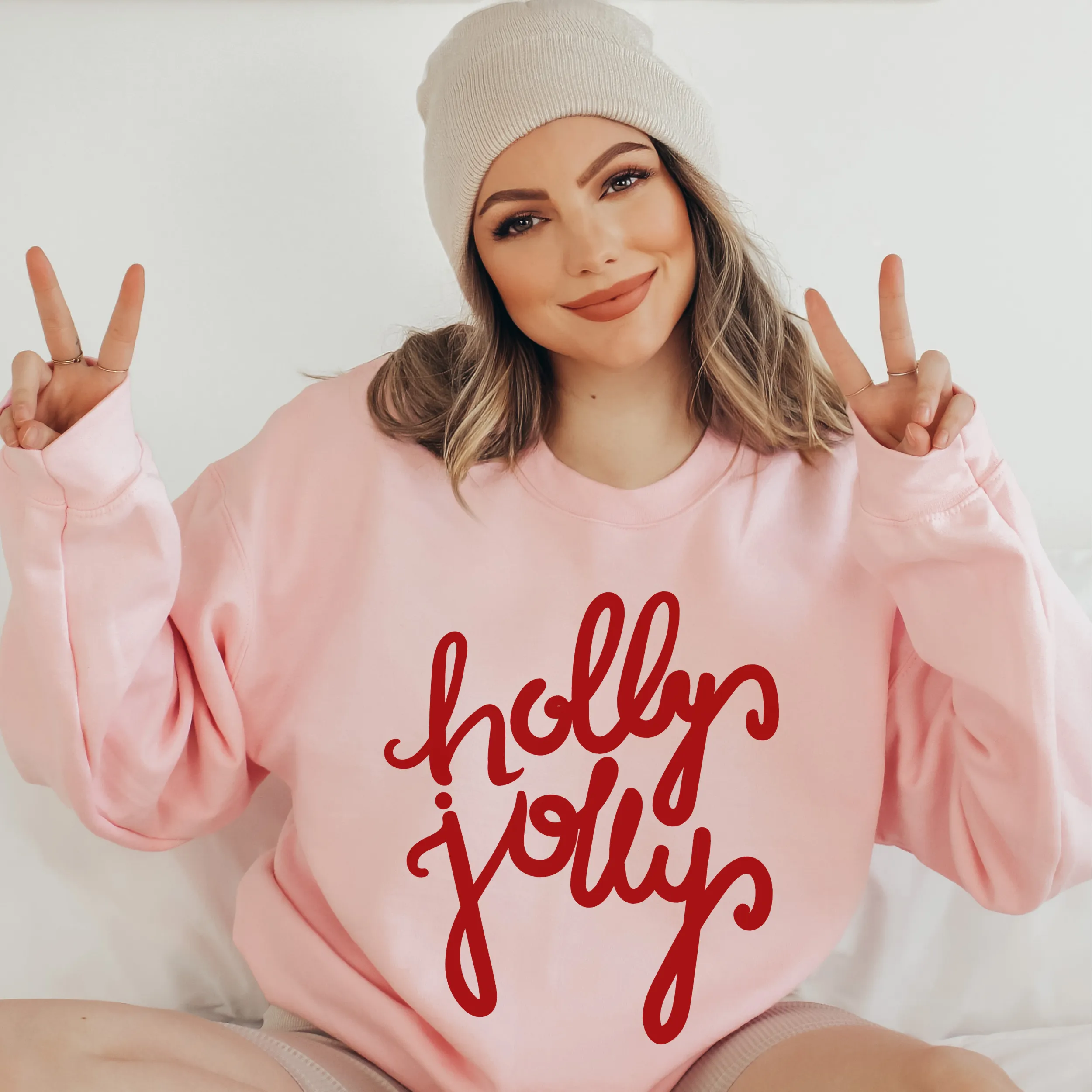 Women's Christmas Holly Jolly Sweatshirt, Ash, White, Sand, Pink, Green Christmas Pullover