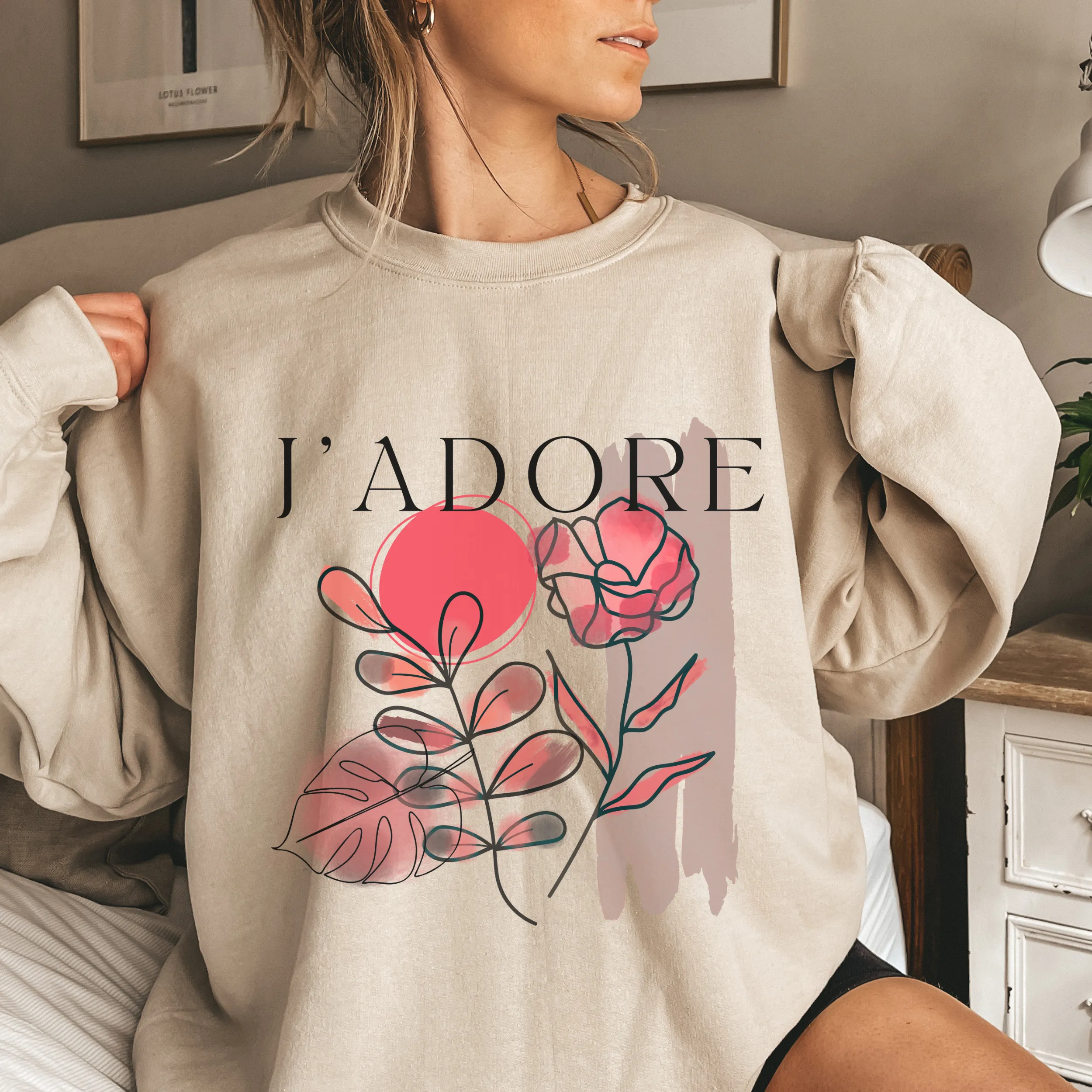 Women's Crewneck Sweatshirt, J'Adore Pullover, Comfy & Cozy, Valentine's Day Gildan Sweatshirt, Ash, White or Sand Crewneck Sweatshirt