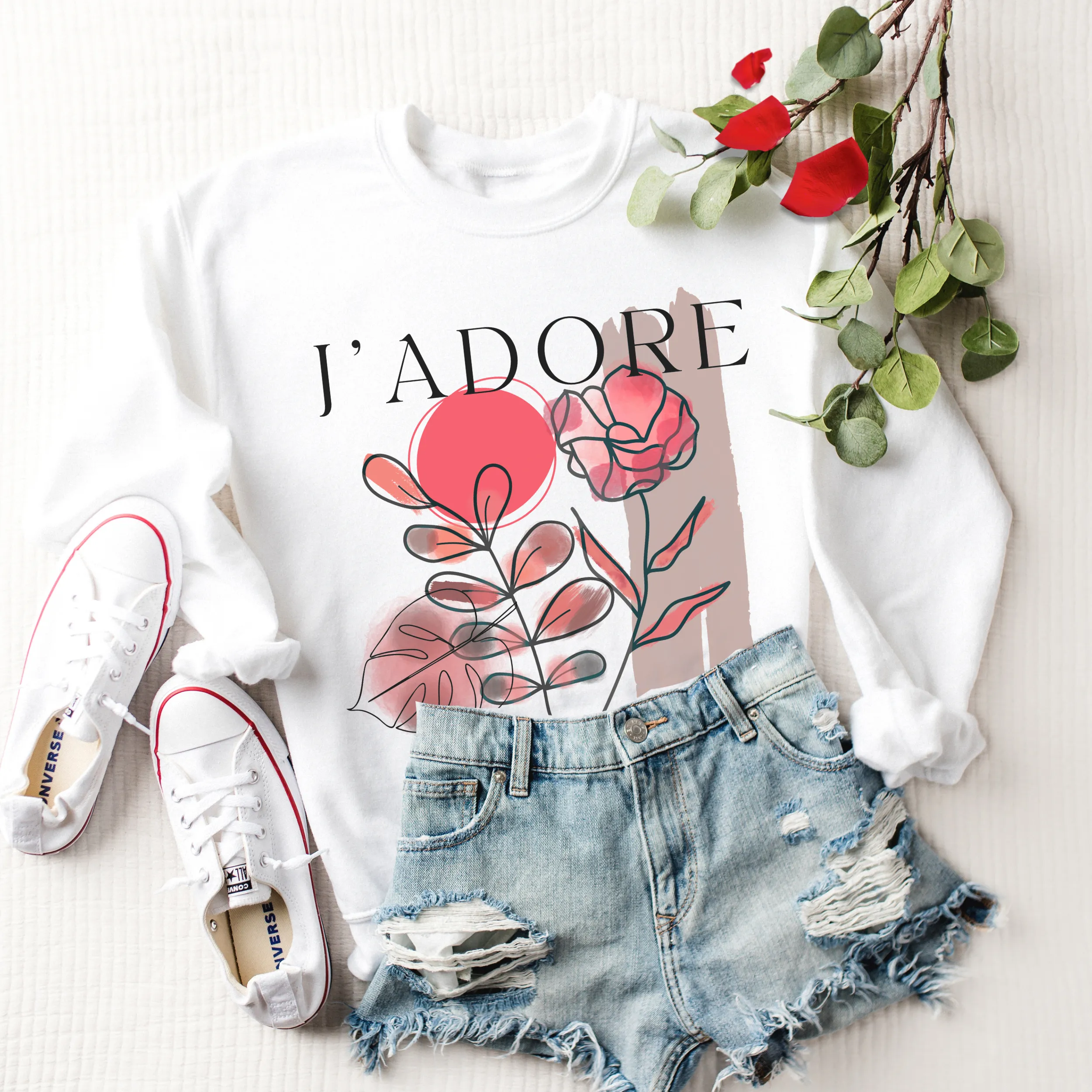 Women's Crewneck Sweatshirt, J'Adore Pullover, Comfy & Cozy, Valentine's Day Gildan Sweatshirt, Ash, White or Sand Crewneck Sweatshirt