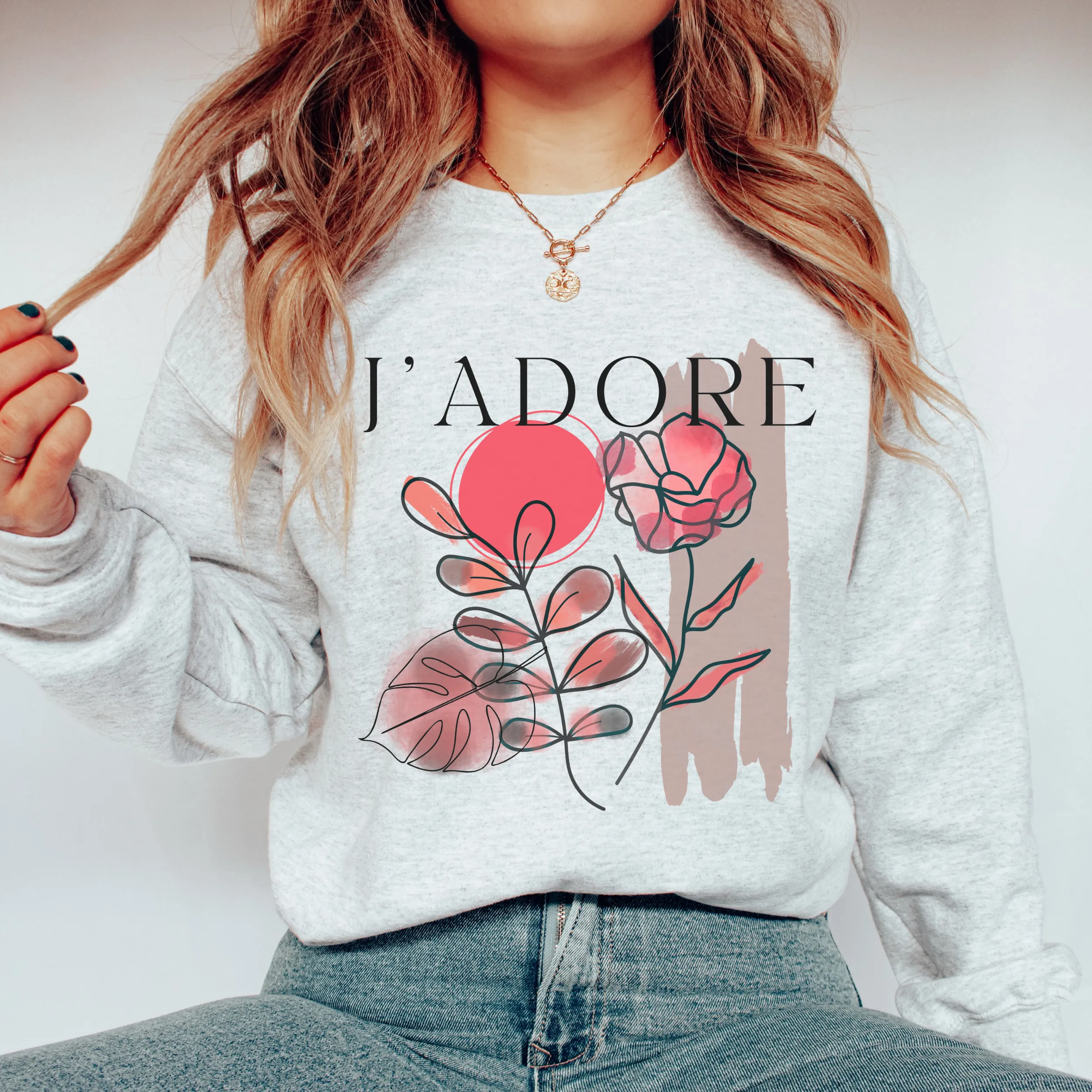 Women's Crewneck Sweatshirt, J'Adore Pullover, Comfy & Cozy, Valentine's Day Gildan Sweatshirt, Ash, White or Sand Crewneck Sweatshirt