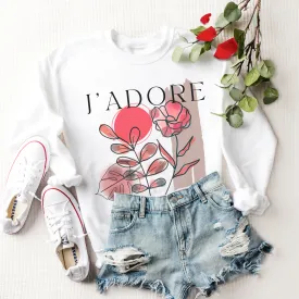 Women's Crewneck Sweatshirt, J'Adore Pullover, Comfy & Cozy, Valentine's Day Gildan Sweatshirt, Ash, White or Sand Crewneck Sweatshirt