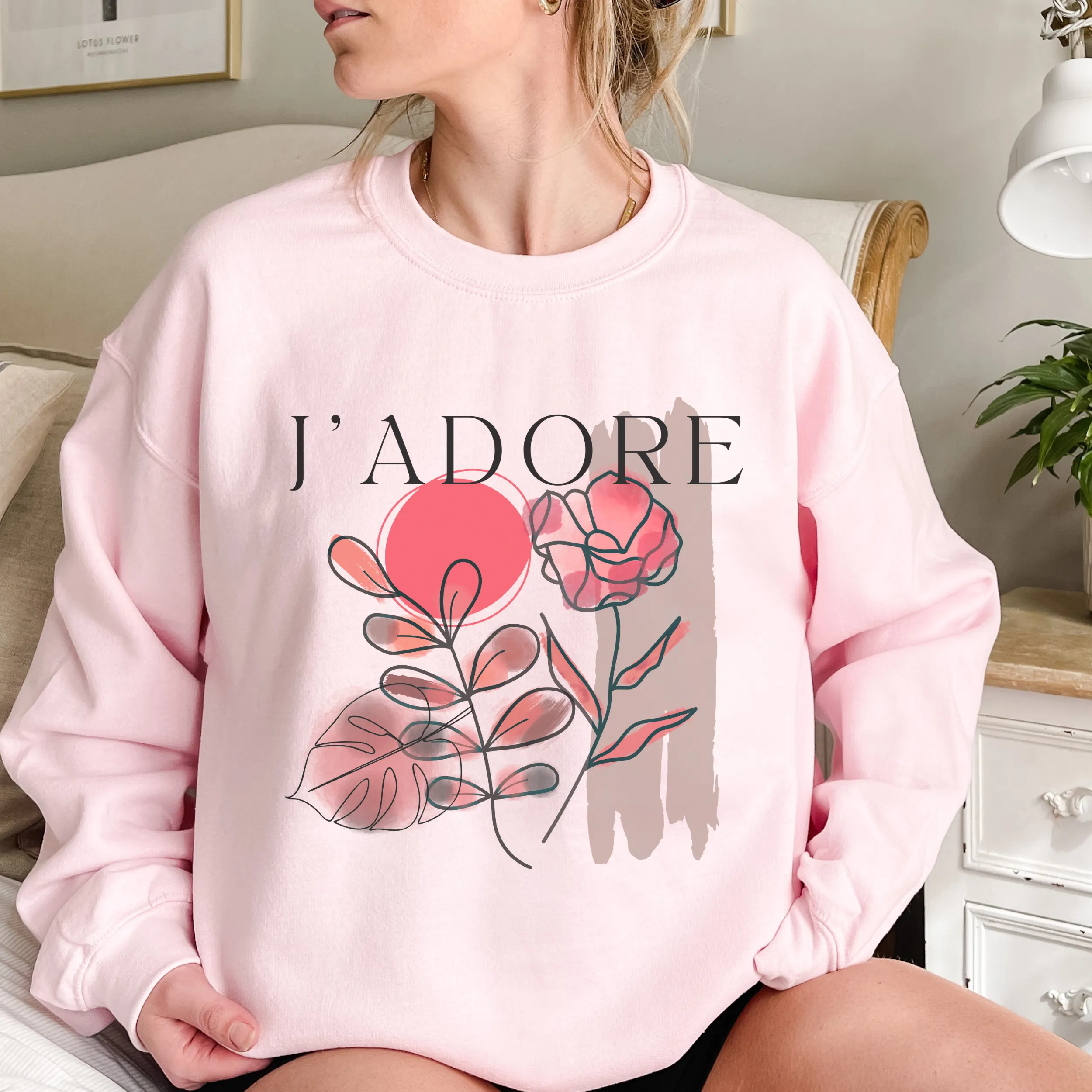 Women's Crewneck Sweatshirt, J'Adore Pullover, Comfy & Cozy, Valentine's Day Gildan Sweatshirt, Ash, White or Sand Crewneck Sweatshirt