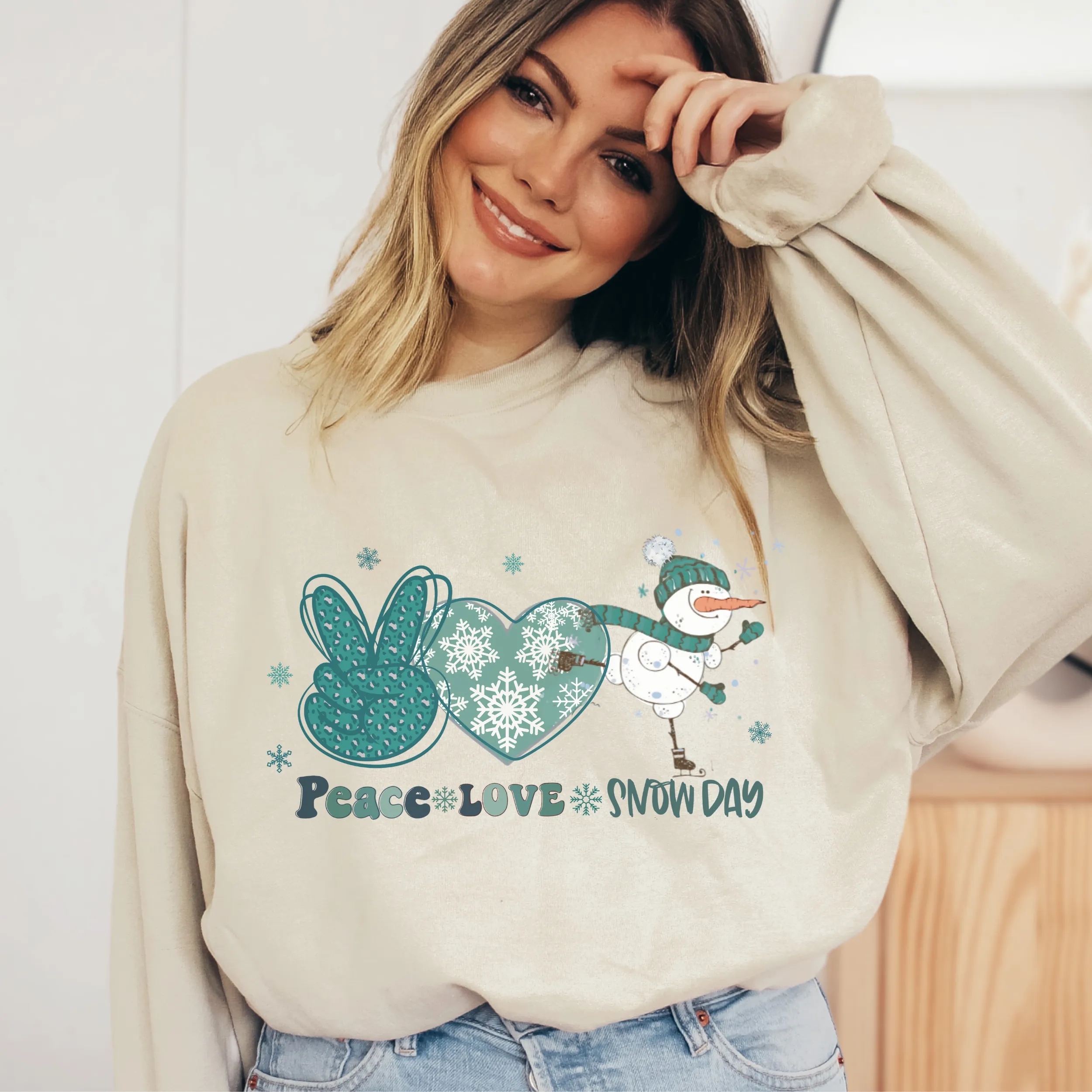 Women's Crewneck Sweatshirt, Snow Day Pullover, Comfy & Cozy, Snowman Gildan Sweatshirt, Ash, White or Sand Sweatshirt, Peace Love Snow Day