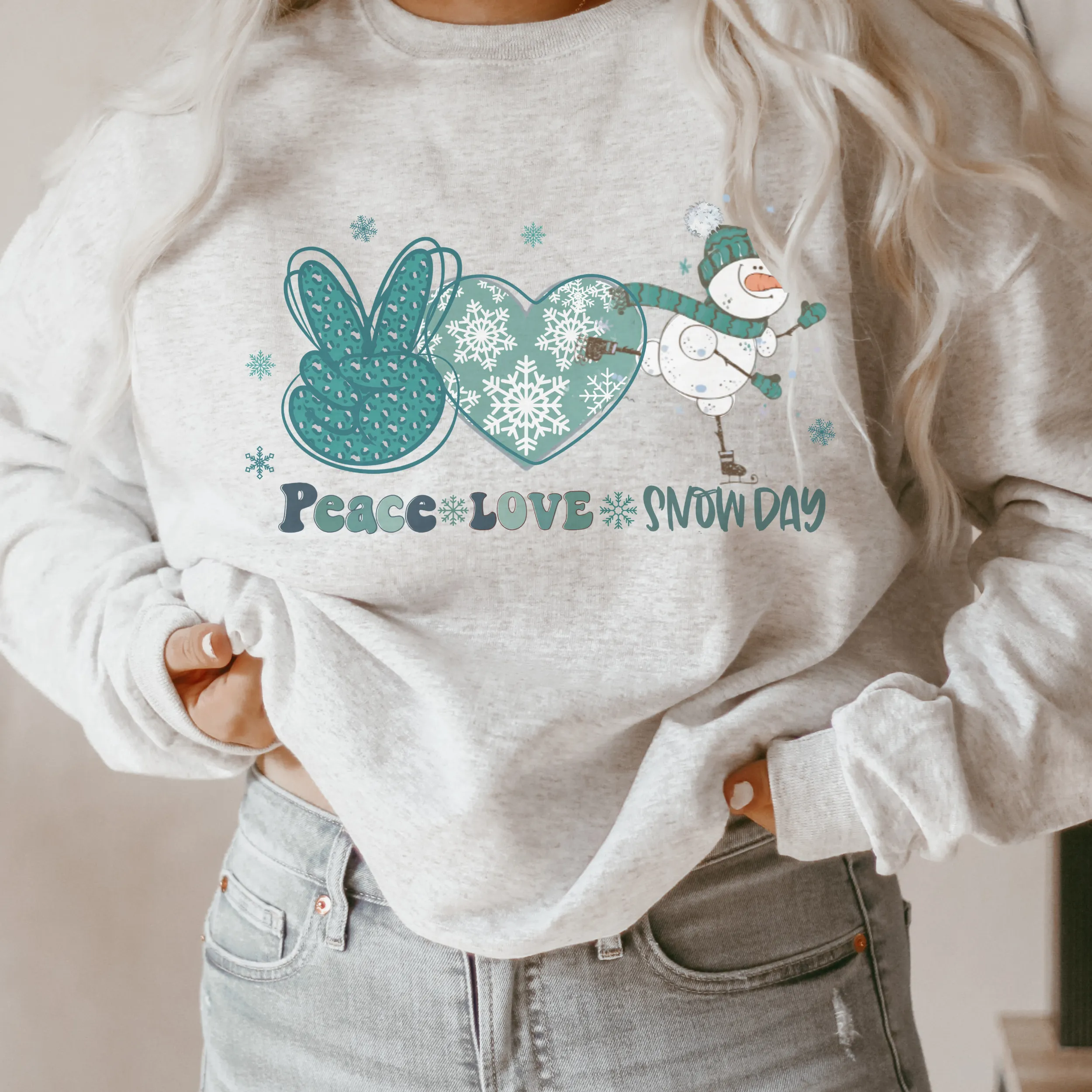 Women's Crewneck Sweatshirt, Snow Day Pullover, Comfy & Cozy, Snowman Gildan Sweatshirt, Ash, White or Sand Sweatshirt, Peace Love Snow Day