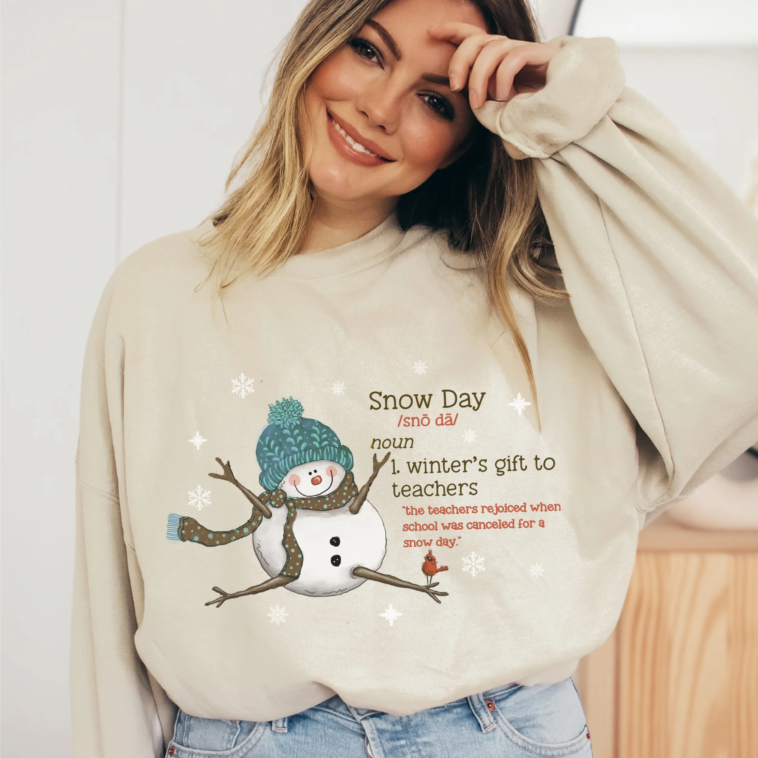 Women's Crewneck Sweatshirt, Snow Day Pullover, Comfy & Cozy, Snowman Gildan Sweatshirt, Ash, White or Sand Sweatshirt, Teacher's Pullover