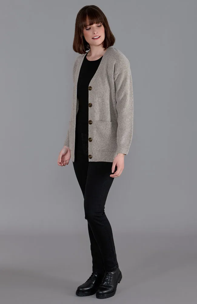 Womens Lambswool V Neck Ribbed Cardigan with Pockets