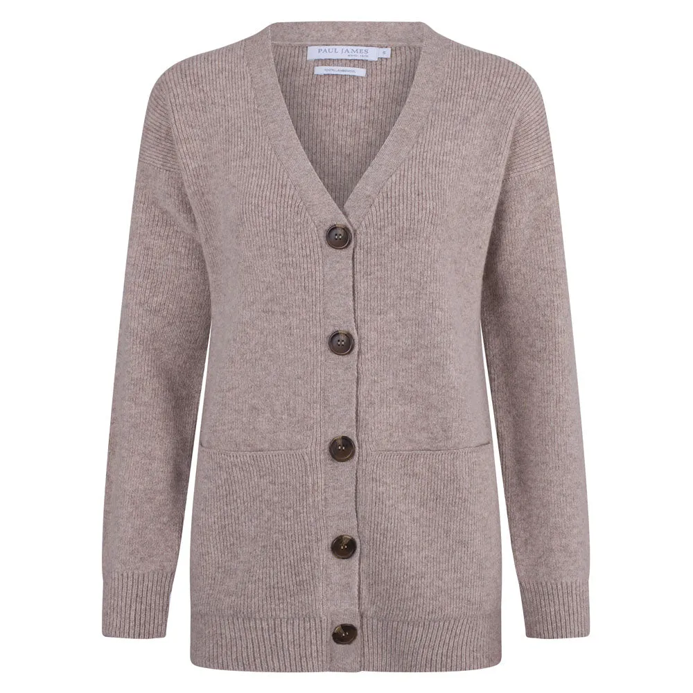 Womens Lambswool V Neck Ribbed Cardigan with Pockets