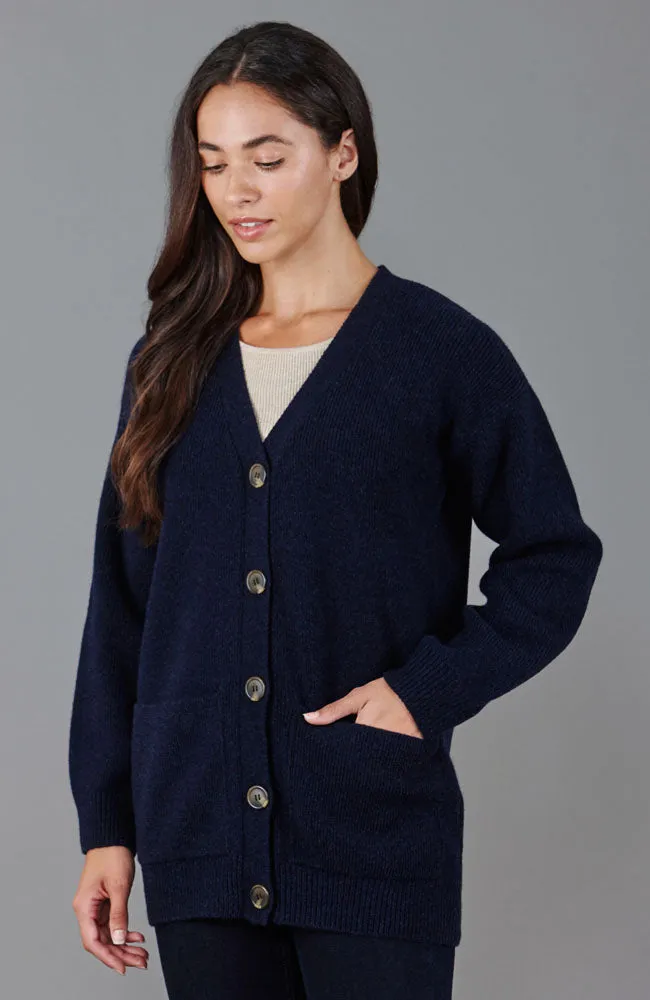 Womens Lambswool V Neck Ribbed Cardigan with Pockets