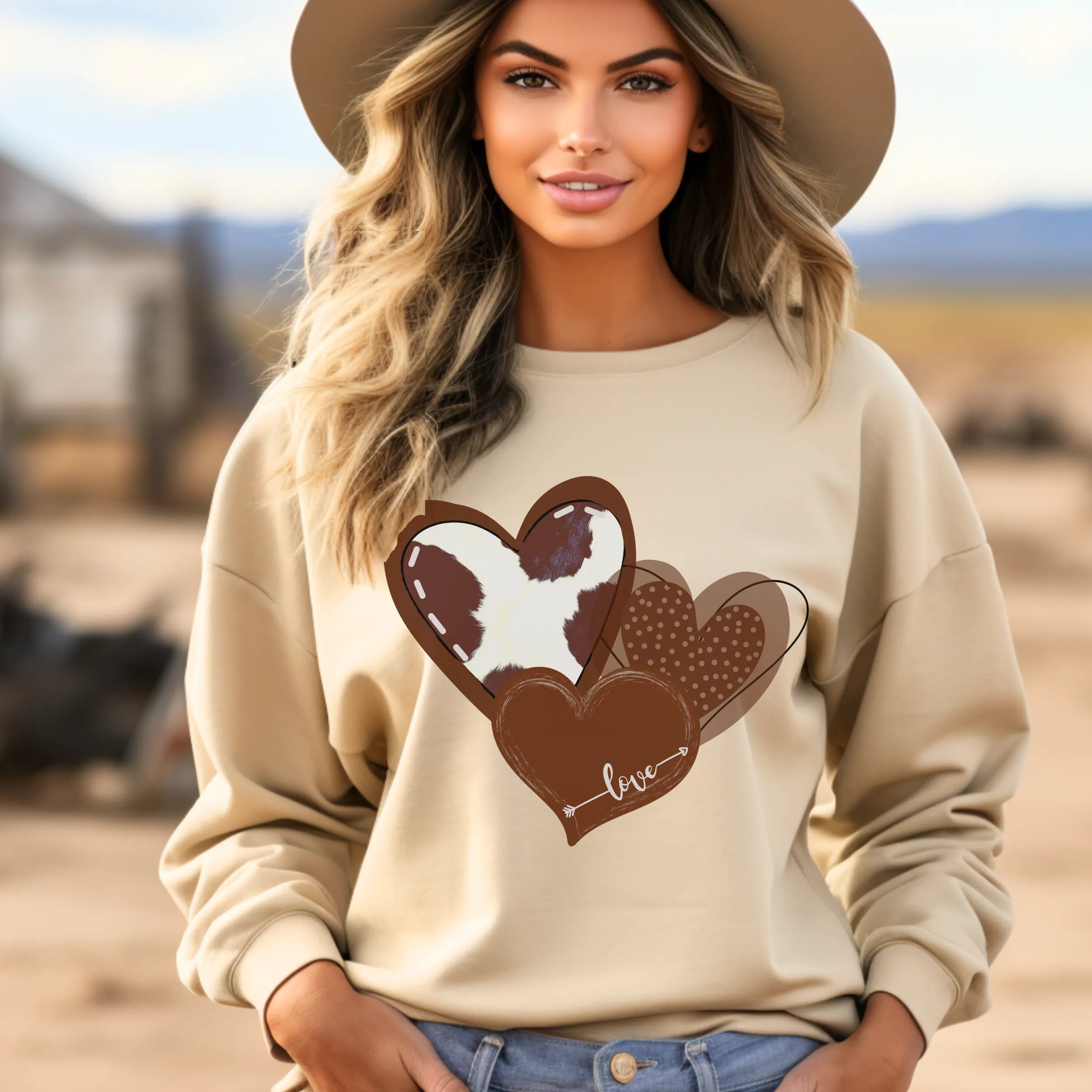 Women's Valentine's Rustic Western Cowhide Hearts Crewneck Sweatshirt Unisex Cozy Gildan Valentine's Day Pullover or T-Shirt