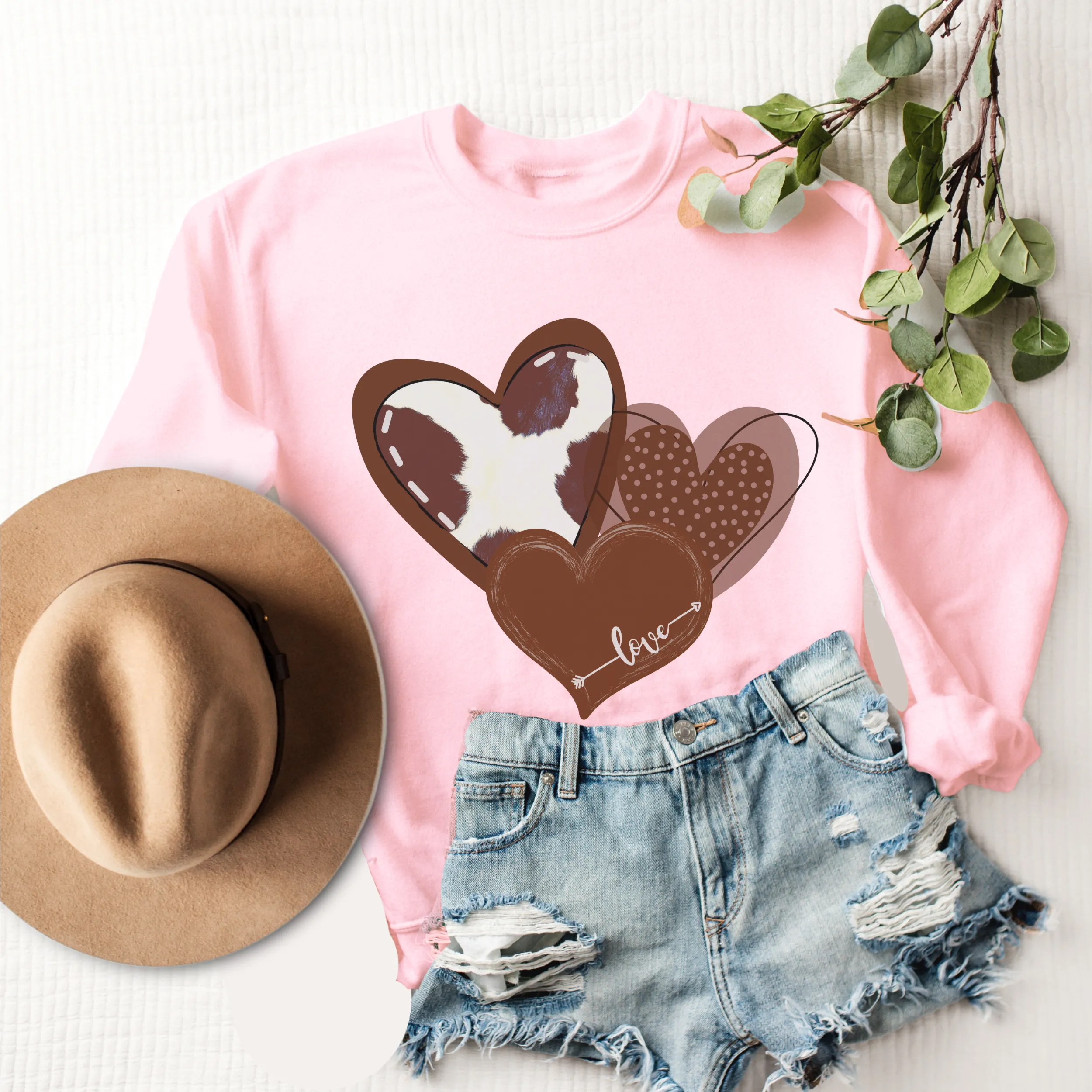 Women's Valentine's Rustic Western Cowhide Hearts Crewneck Sweatshirt Unisex Cozy Gildan Valentine's Day Pullover or T-Shirt